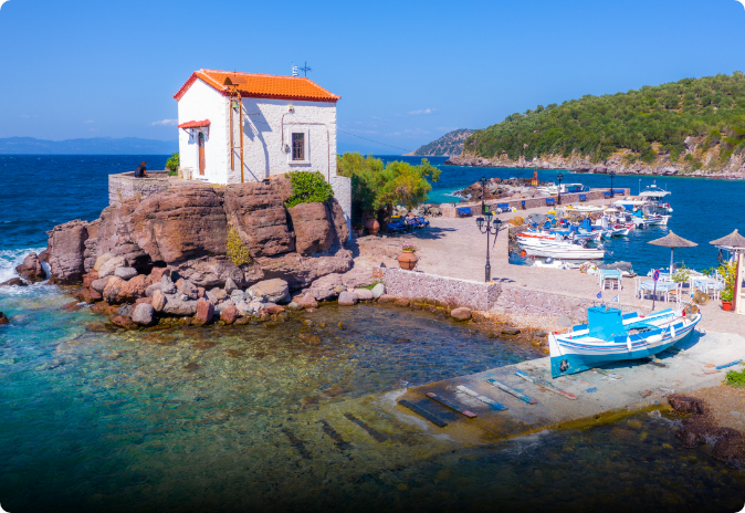 Skala Sikamineas harbour with Panagia Gorgona chapel, Lesvos